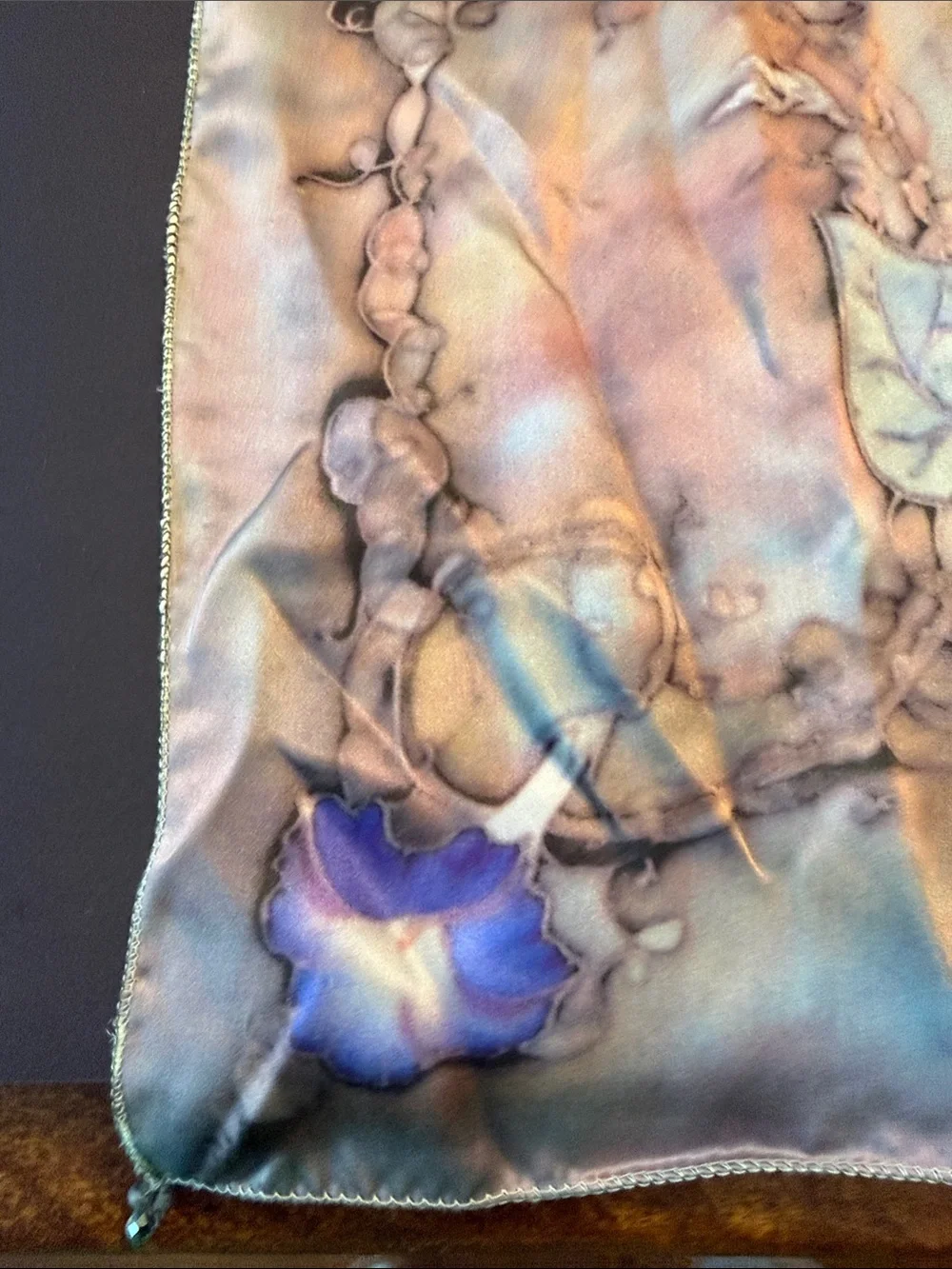 Silk-Blend Floral Watercolor Scarf Wrap in Pastel Blue and Lavender